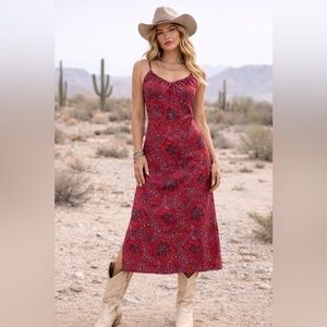 Express Y2K Paisley Slip Midi Dress Red Pink Strappy Festival Boho Sz 9/10 Med